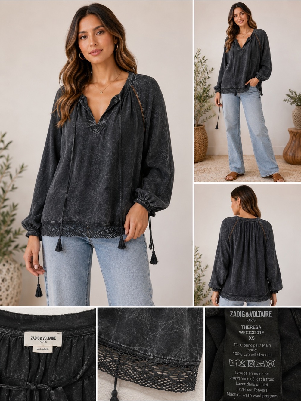 Zadig & Voltaire Theresa Washed Lyocell Boho Peasant Blouse Tassel Tie Charcoal